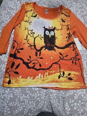 Sequin Owl Halloween Shirt Thomas & Olvia Ladies XLOrange Spooky 3/4 Sleeve